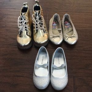 3 pair of girls gold and silver shoes